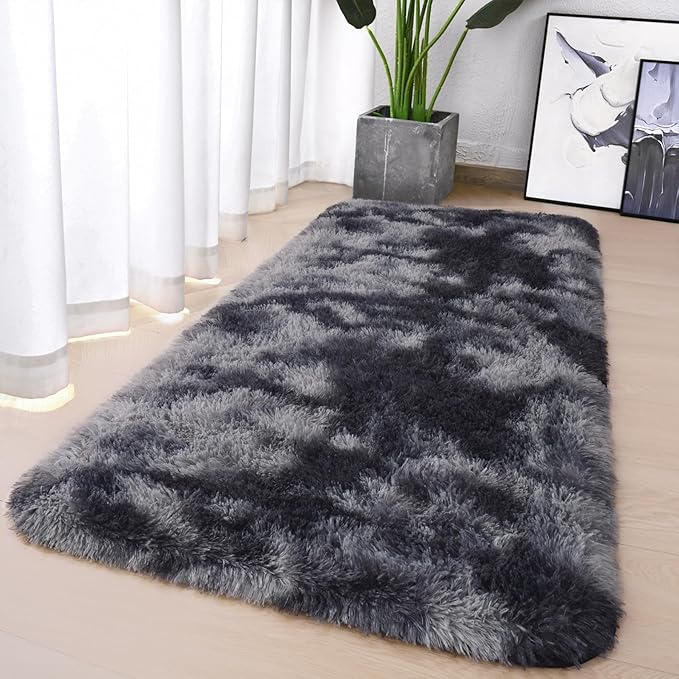 Chicrug Soft Runner Rugs for Bedroom Living Room Plush Fluffy Rug 2x4 Feet, Shag Furry Area Rug Carpet Non Shedding for Nursery Children Kids Girls Room Home Decorative, Grey and Black