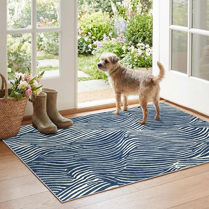Modern Outdoor Rug - 28" x 43" Front Door Mat Indoor Outside Entrance Non-Slip Washable Outdoor Mat Navy Blue White Ocean Waves Rug for Entryway Kitchen Bedroom Layered Doormat for Front Porch