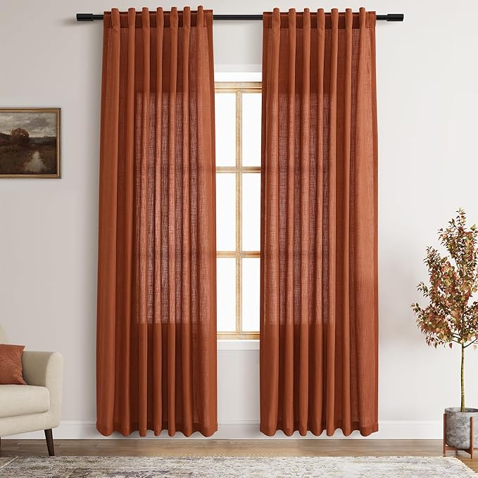 Nanspring Terracotta Curtains 80 Inches Length for Living Room Back Tab Rod Pocket Semi Sheer Linen Drapes Muted Neutral Boho Brick Burnt Orange Linen Textured Window Curtain for Dining Room 52X80