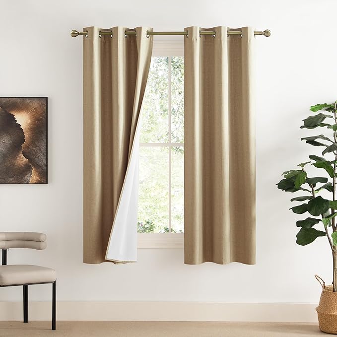 NICETOWN 100% Absolutely Blackout Linen Curtains with Thermal Insulated White Liner, Camel, W42 x L72, 2 Panels, Long Curtains 72 inch Length for Patio Door, Doorway, Office, Overnight Shiftworker