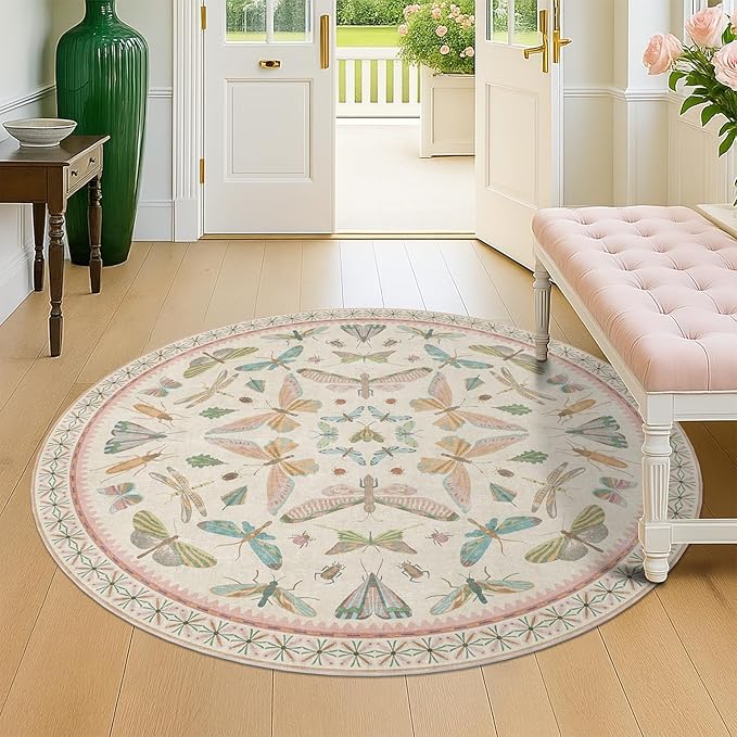 Boho Light Pink Round Rugs for Kids Bedroom - 4 ft Unique Circle Area Rugs for Baby Nursery, Washable Low Pile & Soft Cute Throw Rugs for Living Room, Playroom, Reading Corner, Fun Insect Décor