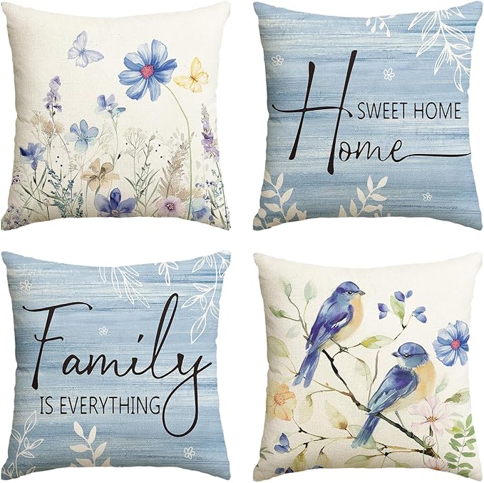 AVOIN colorlife Spring Saying Flowers Butterfly Bird Throw Pillow Covers, 16 x 16 Inch Home Sweet Home Blue Cushion Case for Sofa Couch Set of 4