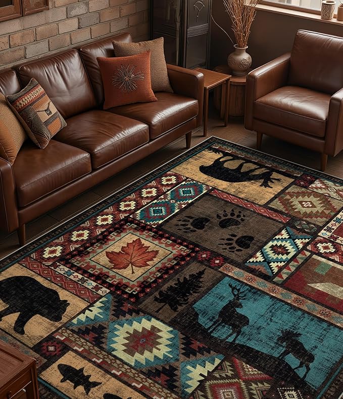 YIHOUSE Rustic Cabin Area Rug 6x9,Machine Washable Lodge Bear Rug,Non-Slip Low Pile Print Pattern Southwestern Rug for Living Room Bedroom