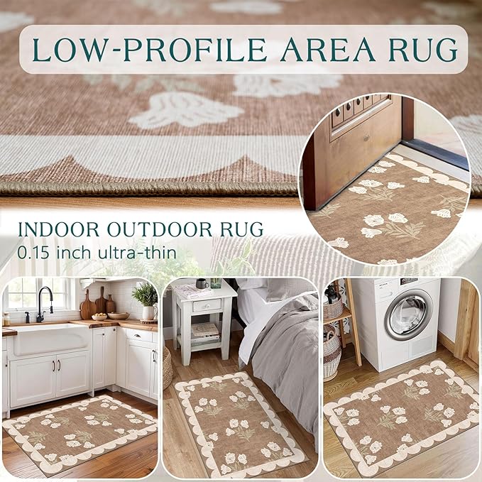 Front Door Mat Outside Entrance - 2x3 Floral Non-Slip Washable Doormat Indoor Outdoor Mat Tan Neutral Farmhouse Scalloped Entry Rug Small Throw Rugs for Entryway Kitchen Front Porch Decor
