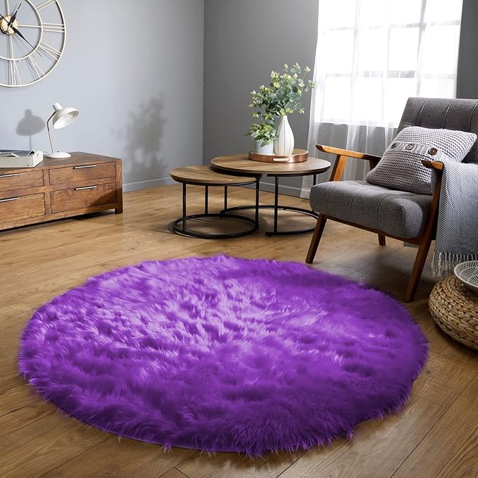 Latepis Round Area Rugs 6ft Washable Fur Rugs for Bedroom Purple Faux Sheepskin Rug Fluffy Shag Rug for Living Room Soft Shaggy Rug Dorm Room Decor