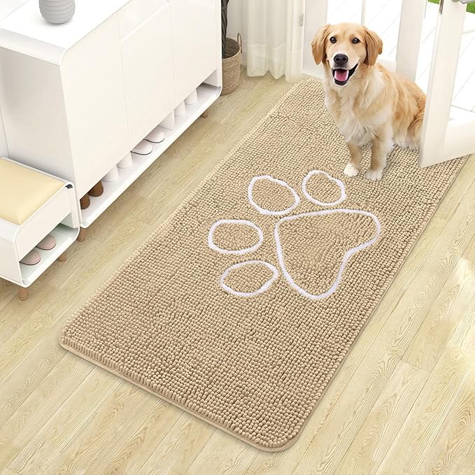 OLANLY Dog Door Mat for Muddy Paws 44x24, Paw Print Design, Absorbs Moisture and Dirt, Absorbent Non-Slip Washable Doormat, Quick Dry Chenille Mud Mat for Dogs, Entry Indoor Entryway Carpet, Beige