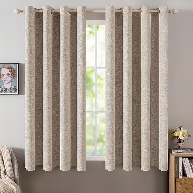 MIULEE Linen Textured Curtains for Bedroom Solid 100% Blackout Thermal Insulated Taupe Grommet Room Darkening Curtains & Drapes Luxury Decor for Living Room Nursery 52 x 54 Inch (2 Panels)