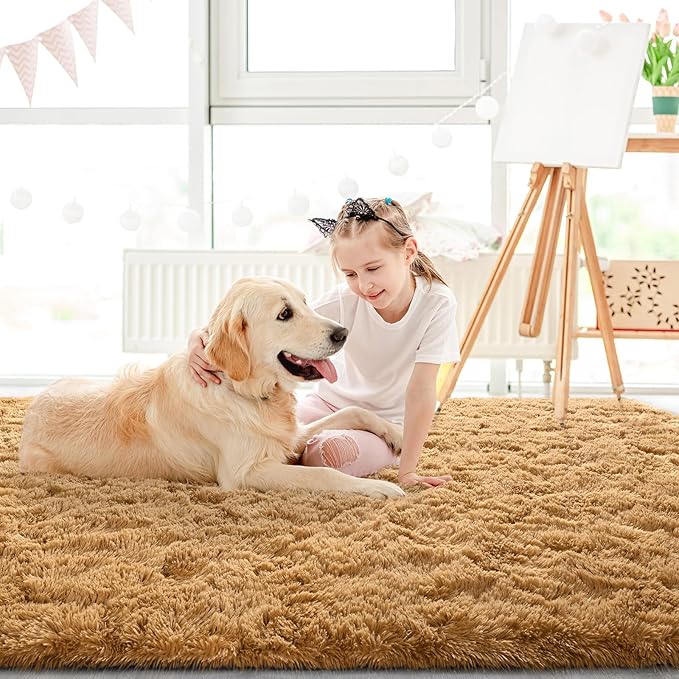 LOCHAS Ultra Soft Indoor Modern Area Rugs Fluffy Living Room Carpets for Children Bedroom Home Decor Nursery Rug 4x5.3 Feet,Khaki