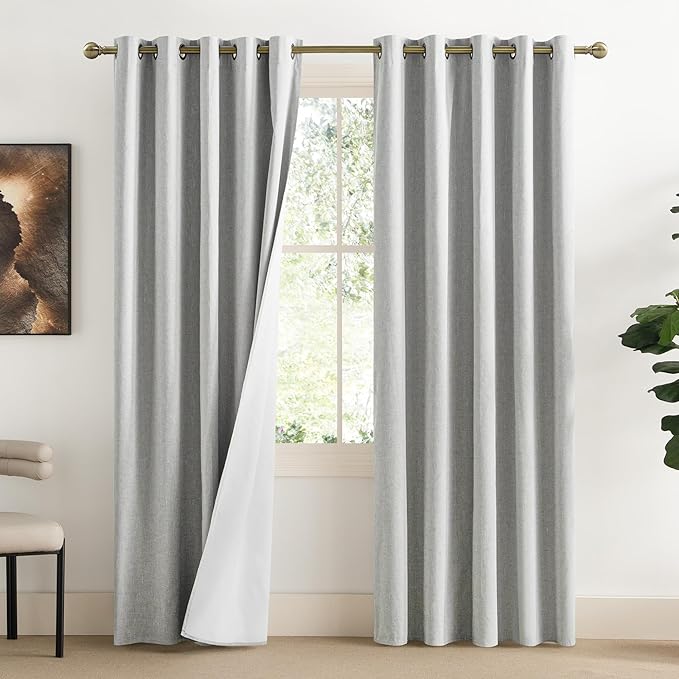NICETOWN Grey Full Shade Linen Curtain Panels 84" Long, Pair of Energy Smart & Noise Blocking Out Blackout Drapes for Guest Room Window, Thermal Insulated Lined Window Dressing