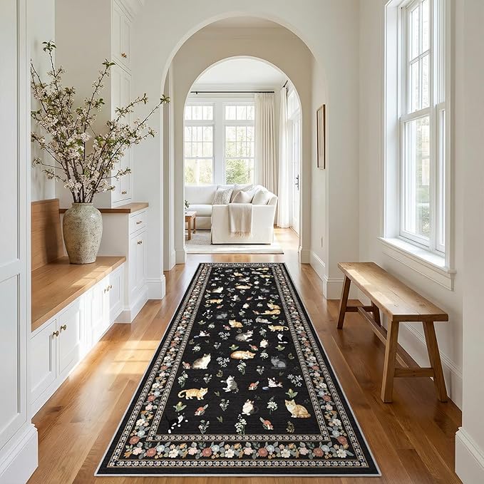 3x7 Washable Kitchen Runner Rug - Soft Low Pile Floral Animal Cat Print Rugs with Non-Slip Backing Waterproof Stain-Resistant Indoor Carpet for Hallway Entryway Bathroom Bedroom (Black)