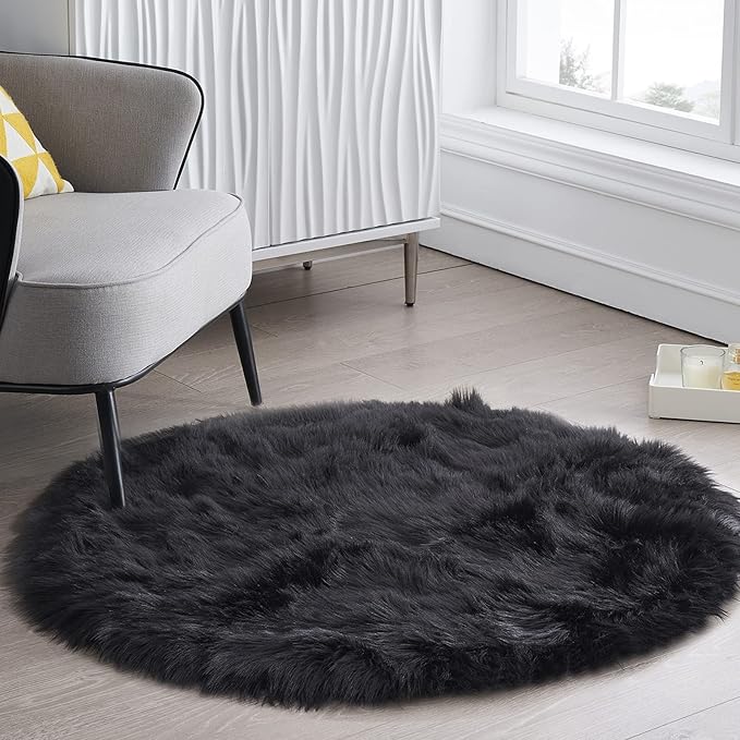 Ciicool Black Fluffy Round Fur Area Rug for Bedroom, Circle Faux Fur Rugs for Kids Room, Cute Fuzzy Nursery Carpet, Shaggy Circular Rugs Floor Carpets for Teens Girls Rooms Home Decor, 4 x 4 Feet