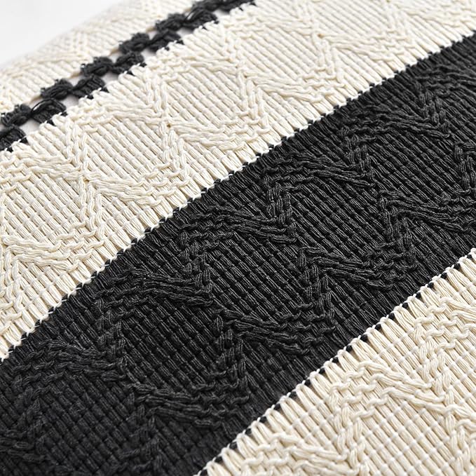 Fancy Homi Set of 1 Boho Black Euro Decorative Throw Pillow Cover 26x26 Inch for Couch Bed Bedroom, Aesthetic Modern Organic Farmhouse Room Decor, Soft Cotton Accent Macrame Woven Cushion Case