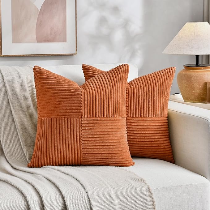 Fancy Homi 2 Packs Burnt Orange Decorative Throw Pillow Covers 20x20 Inch for Living Room Couch Bed Sofa, Rustic Farmhouse Boho Home Decor, Soft Corss Corduroy Patchwork Accent Cushion Case 50x50 cm