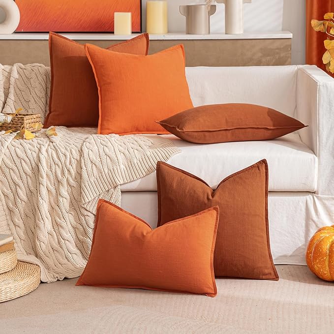 MIULEE Decorative Linen Pillow Covers 18x18 Inch Burnt Orange Boho Farmhouse Neutral Couch Throw Pillows for Bed Pack of 2 Accent Modern Pillowcase Summer Sofa Livingroom Home Decor