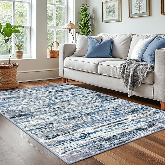 Lansny Modern Abstract 4x6 Living Room Washable Rug Non-Slip Soft Bedroom Area Rug Grey Blue White Thin Print Faux Wool Floor Carpet Throw Rugs for Nursery Playroom Dining Room Indoor Home Decor