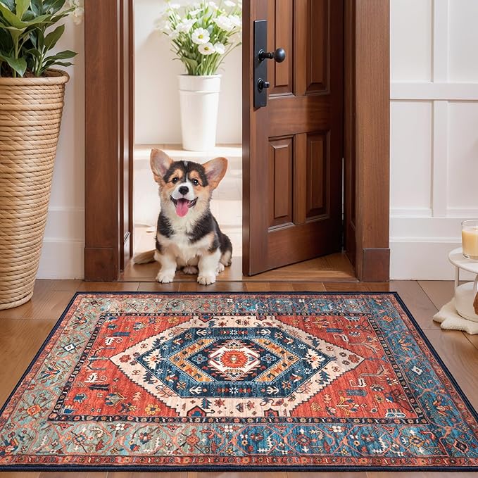 SERISSA Boho Rugs for Entryway, 2x3 Rust Entryway Rug Non-Slip Washable Small Area Rug, Ultra Soft Oriental Vintage Low-Pile Indoor Door Mat Floor Carpet for Entrance Bedroom Kitchen Bathroom