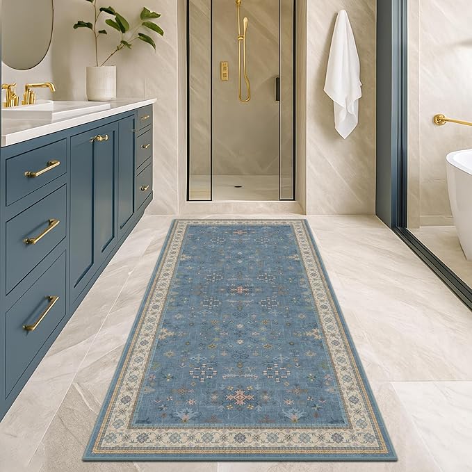 Hazo Haus Boho 2x6 Non Slip Kitchen Rug Runner - Light Blue Washable Rug for Bathroom, Laundry Room, Hallway, Non Slip with Rubber Backing, Floral Eclectic Unique Runner Décor