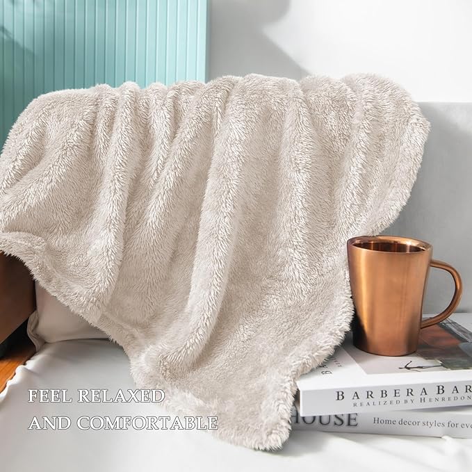 Exclusivo Mezcla Plush Fuzzy Fleece Bed Blanket Queen Size, Super Soft, Fluffy and Warm Blankets for Couch, Bed, All Season (Beige, 90x90 inches)