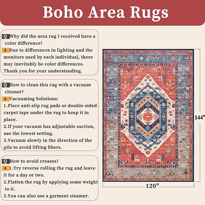 SERISSA 10x12 Area Rugs for Living Room, Large Washable Non-Slip Boho Rug, Ultra Soft Vintage Rust Oriental Tribal Print Distressed Carpet for Dining Room Bedroom Office Home Decor