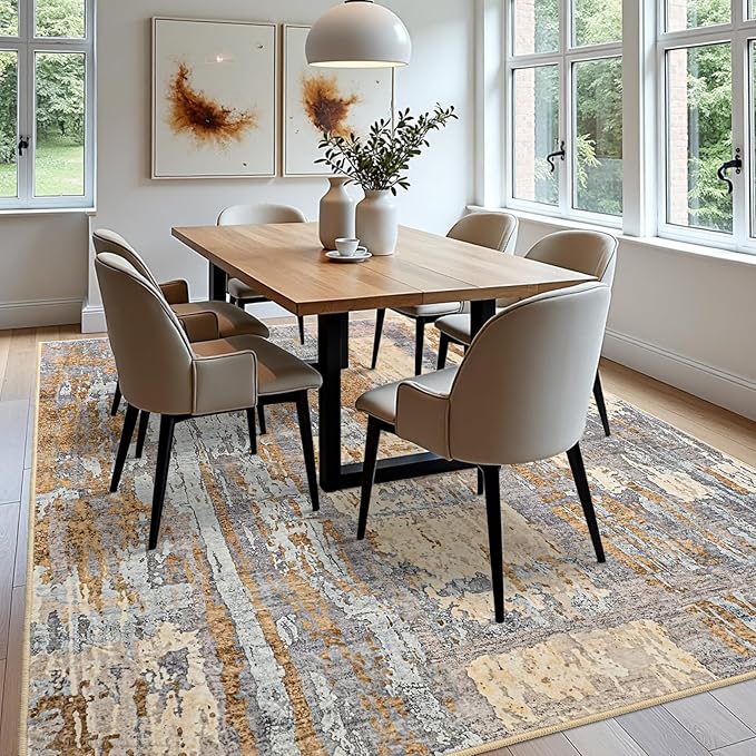Toneed Abstract Area Rug Modern Washable Rug Soft Non Slip Rug Low Pile for Bedroom Living Room Dining Room Camel 8x10 Feet