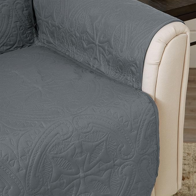 Great Bay Home Reversible Loveseat Cover - Washable Slipcover Furniture Protector with Elastic Straps - Perfect for Kids & Pets - Quilted & Stitched Detail (Mirage Gray/Flax)