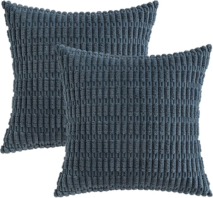 MIULEE Pack of 2 Corduroy Decorative Euro Sham Throw Pillow Covers 24x24 Inch Soft Boho Striped Pillow Covers Modern Farmhouse Home Decor for Summer Coastal Sofa Living Room Couch Bed Blue