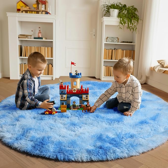 ONASAR Tie-Dye Blue Round Area Rug 4ft, Soft Bedroom Circle Rugs Floor Mats for Kids Girls Teen Room, Kawaii Fluffy Plush Shaggy Carpet for Baby Nursery Living Room Playroom Home Decor