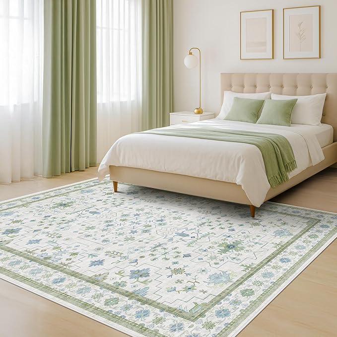 Hazo Haus Oushak Area Rug for Bedroom 5x7 - Blue and Green Vintage Boho Floral Geometric, Washable Low Pile Non Slip Area Rugs for Nursery Room, Foyer, Cozy Aesthetic Room Decor
