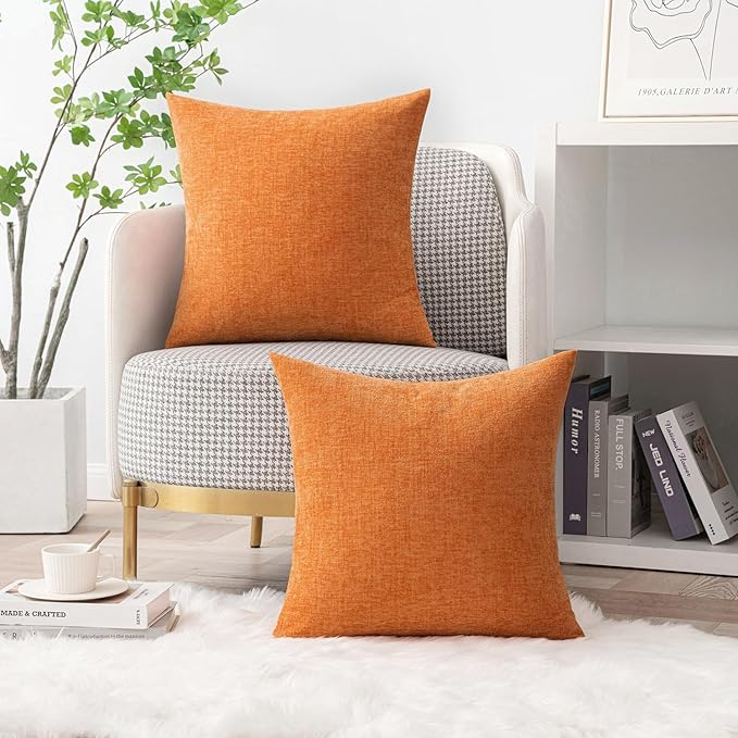 MIULEE Pack of 2 Orange Throw Pillow Covers 20x20 Inch Soft Chenille Pillow Covers for Sofa Living Room Couch Solid Dyed Cases