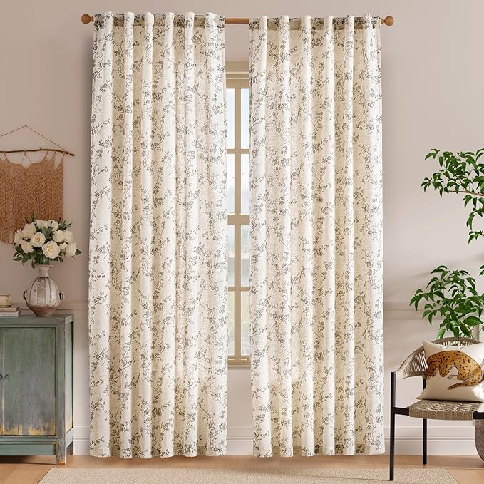 Lazzzy Grey Floral Linen Curtains 84 Inch Length Farmhouse Curtain Back Tab Drapes for Living Room Bedroom Light Filtering Vintage Rod Pocket Curtains, 2 Panels, Gray on Beige