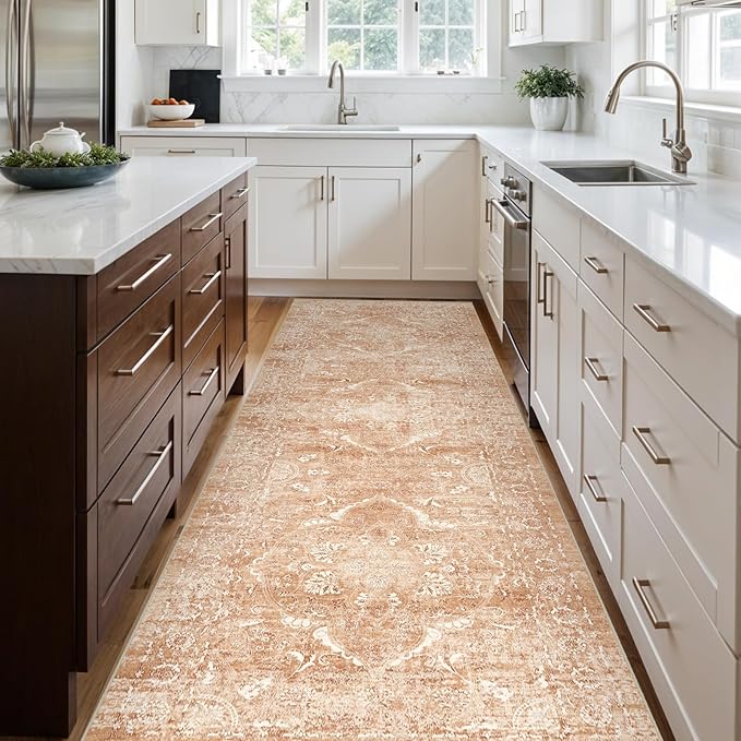 4x10 Washable Hallway Runner Rug - Wide Kitchen Runners Vintage Low Pile Carpet Soft Thin Floor Runner with Rubber Backing for Entryway Bedroom Living Room Home Decor (Brick)