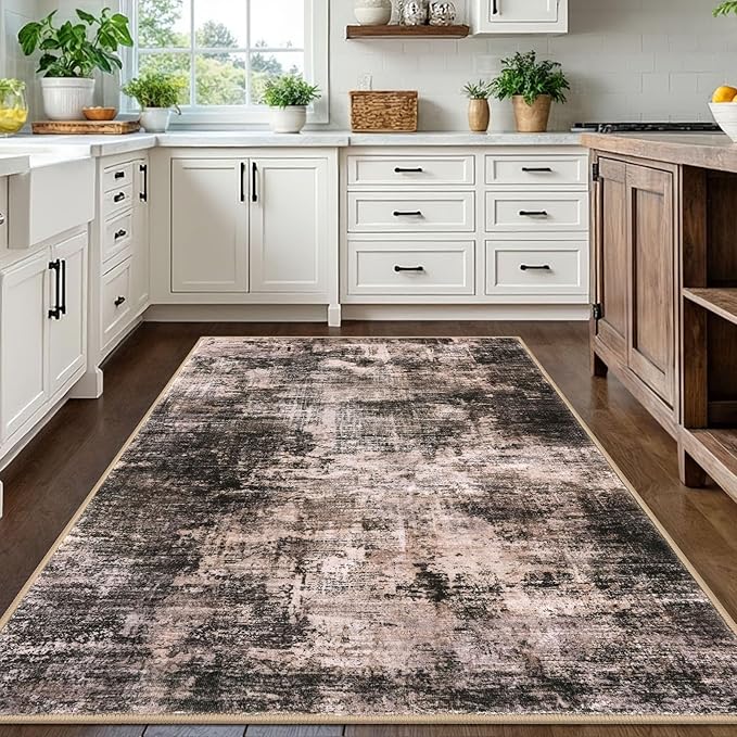 IOHOUZE Abstract Area Rugs 5x7 Ft Washable Rugs for Living Room, Non Slip Dining Room Rug, Printed Faux Wool Rugs for Bedroom, Floor Carpet for Kitchen Nursery Playroom, Brown/Rust