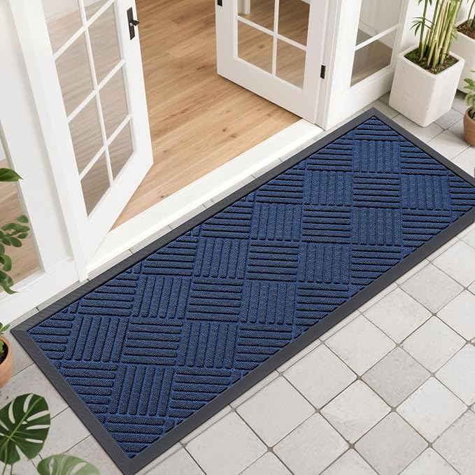 OLANLY Front Door Mat Outside Entrance 47x17, Absorbent, Heavy Duty Sturdy Natural Rubber Doormat Indoor Outdoor, Stain Fade Resistant, Non-Slip Low Profile Floor Mat for Entryway, Navy Blue Diamond