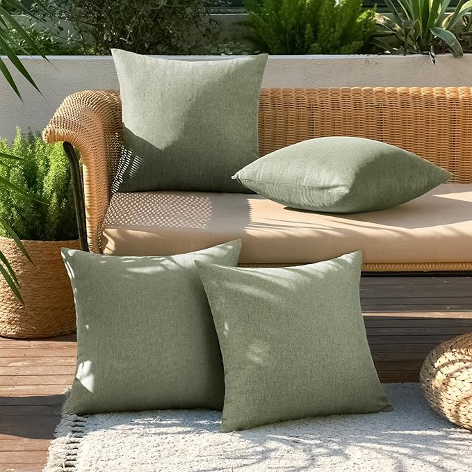 MIULEE Pack of 4 Decorative Outdoor Throw Pillow Covers Linen Waterproof Pillow Covers Spring Farmhouse Cushion Cases for Patio Garden Tent Balcony Couch Sofa 16x16 inch Gray Green