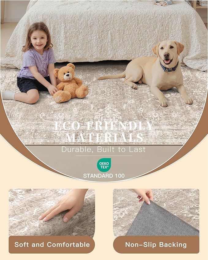Madane 2x6 Washable Runner Rug Non-Slip, Vintage Kitchen Hallway Rug with Rubber Backing, Soft Low Pile Throw Carpet Runner for Entryway Laundry Bathroom Bedroom Living Room (2 x 6, Brown/Sand)
