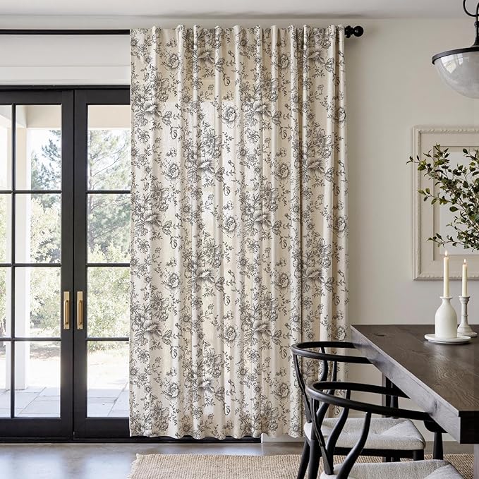 jinchan Linen Floral Curtains 100 Inch Extra Wide for Patio Sliding Glass Door Room Divider Curtain for Living Room 90 Inch Length Farmhouse Peony Black Printed Curtain Set 1 Panel