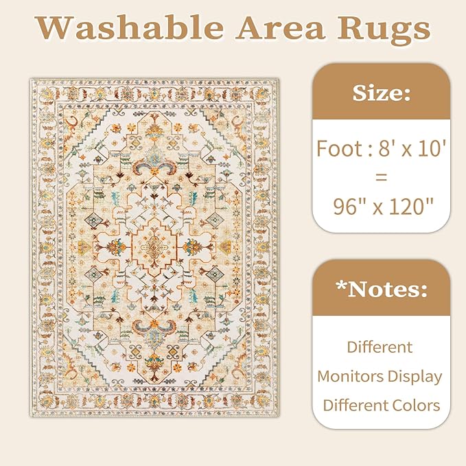 SERISSA Boho Area Rug 8x10 Light Yellow, Washable Large Rugs for Living Room, Ultra Soft Non-Slip Bedroom Rug Print Distressed Vintage Farmhouse Carpet Rug for Dining Room Dorm Office Home Decor