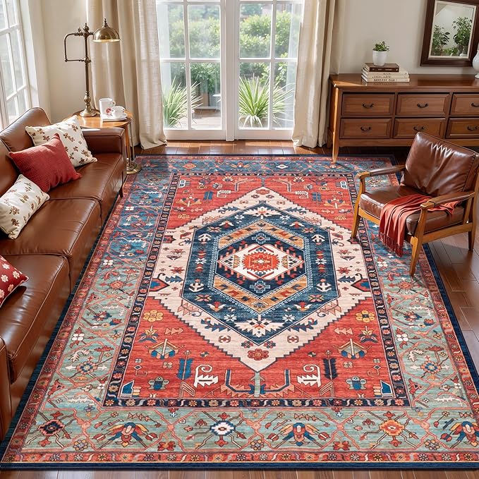 SERISSA 5x8 Area Rugs for Living Room, Large Washable Non-Slip Boho Rug, Ultra Soft Vintage Rust Oriental Tribal Print Distressed Carpet for Bedroom Dining Room Dorm Office Home Decor