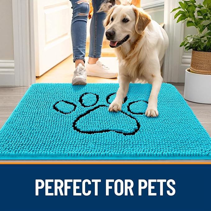 OLANLY Dog Door Mat for Muddy Paws 30x20, Paw Print Design, Absorbs Moisture and Dirt, Absorbent Non-Slip Washable Doormat, Quick Dry Chenille Mud Mat for Dogs, Entry Indoor Entryway Carpet, Aqua Blue