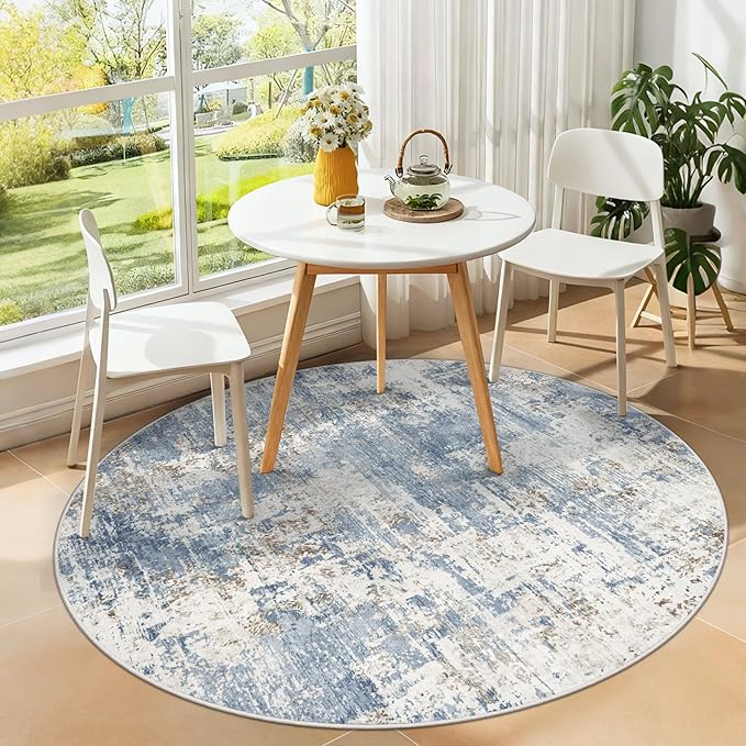 XLUEZ Round Rug 4ft for Bedroom, Washable Modern Abstract Circle Rug Neutral Soft Non Slip Kids Rug Stain Resistant Indoor Carpet for Living Room Nursery Playroom Dorm Girls Boys Room(Blue, 4' Round)