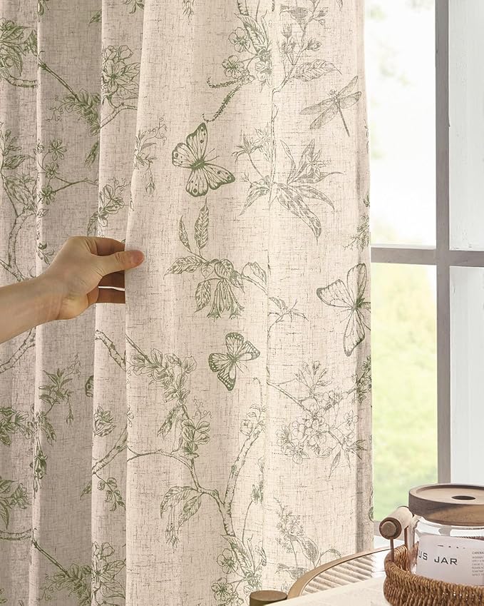 jinchan Floral Linen Curtains for Living Room 84 Inch Length Butterfly Curtain Sage Green Floral Curtains French Country Farmhouse Curtain Flower Patterned Drapes Window Treatment Set 2 Panels