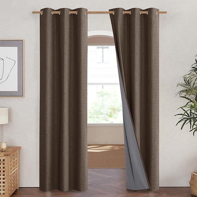 NICETOWN Coffee Vintage Linen 100% Blackout Curtains for Living Room, Thermal Insulated Curtains 84" Long, Noise Reducing Window Treatment Drapes for Hall Room, 42" Wide Per Panel, Set of 2
