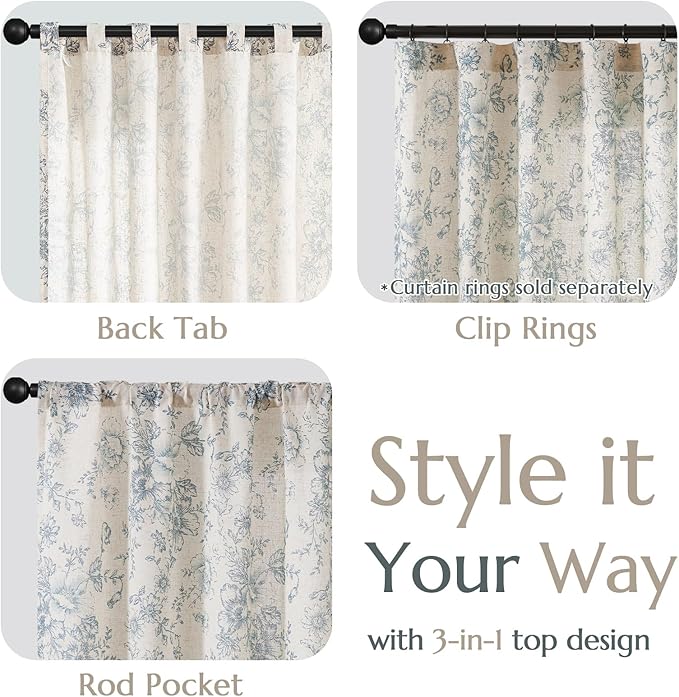 jinchan Linen Blend Curtain Floral Curtains for Living Room 63 Inch Length Blue Printed Curtain Rod Pocket Back Tab Farmhouse Peony Flower Patterned Drapes Bedroom Window Curtains Set 2 Panels