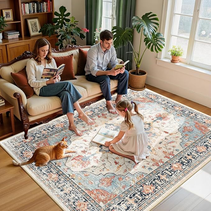 RELEANY Area Rugs 6'x9' Washable Non-Slip, Floral Vintage Distress Print Pattern Medallion Carpet for Living Room Bedroom Dining Room, Beige Navy Blue Orange Colorful