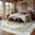 Area Rugs 7'x9' Washable Non-Slip, Floral Vintage Distress Print Pattern Medallion Carpet for Living Room Bedroom Dining Room, Light Yellow Carbon Grey Orange