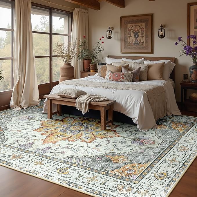 RELEANY Area Rugs 10'x14' Washable Non-Slip, Floral Vintage Distress Print Pattern Medallion Carpet for Living Room Bedroom Dining Room, Light Yellow Carbon Grey Orange