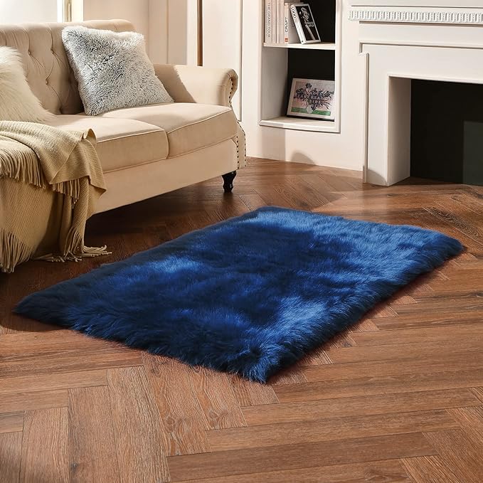 duduta Navy Blue Faux Sheepskin Fur Rug 3x5 ft, Fluffy Shag Bedroom Dorm Nursery Playroom Carpet Rug Non Slip Washable