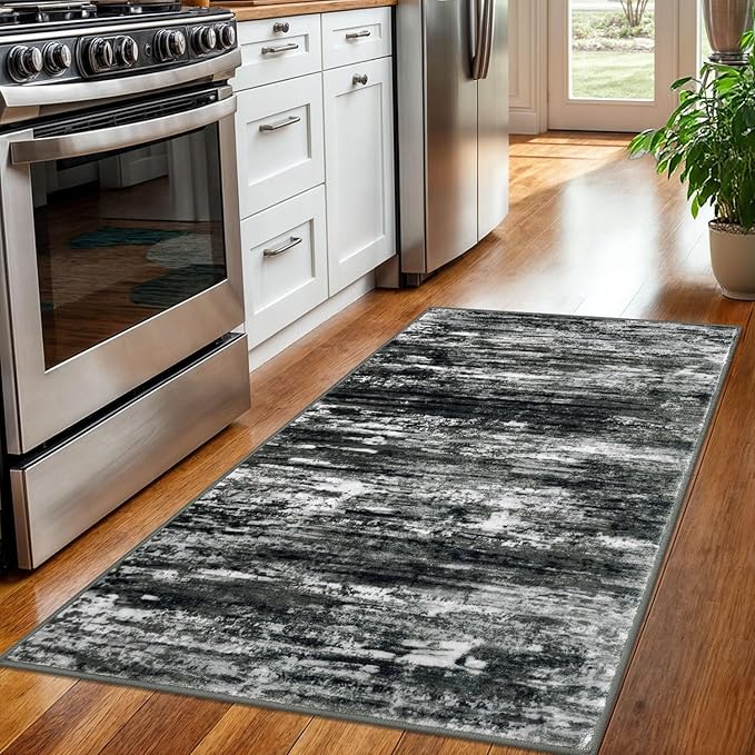 KOZYFLY Modern Abstract 3x5 Large Entryway Rug Non-Slip Washable Area Rug, Black Grey Throw Rugs Indoor Mat for High-Traffic Door Entrance, Kitchen, Laundry, Nursery, Bedroom, Living Room