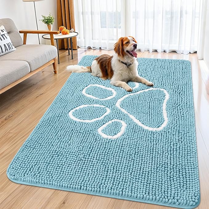 Smiry Dog Door Mat for Muddy Paws, Absorbent Dirt Trapper Non Slip Quick Dry Washable Chenille Mat for Mud Dogs, Entry Rug for Indoor and Outdoor (59x35 Inches, Sky Blue and White)