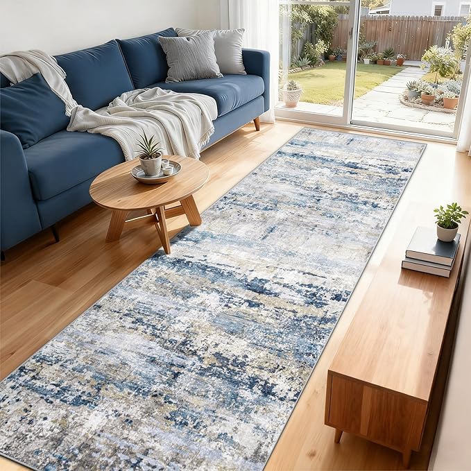 Area Rugs 2x8 Runner Rug: Washable Hallway Rug Modern Abstract Neutral Soft Non-Slip Low-Pile Indoor Carpet for Kitchen Bedside Entrance Laundry (Blue Grey Brown, 2'x8')